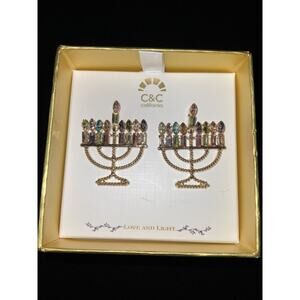 New C&C California Gold Tone Menorah Drop Earrings Crystal Rhinestone Accents